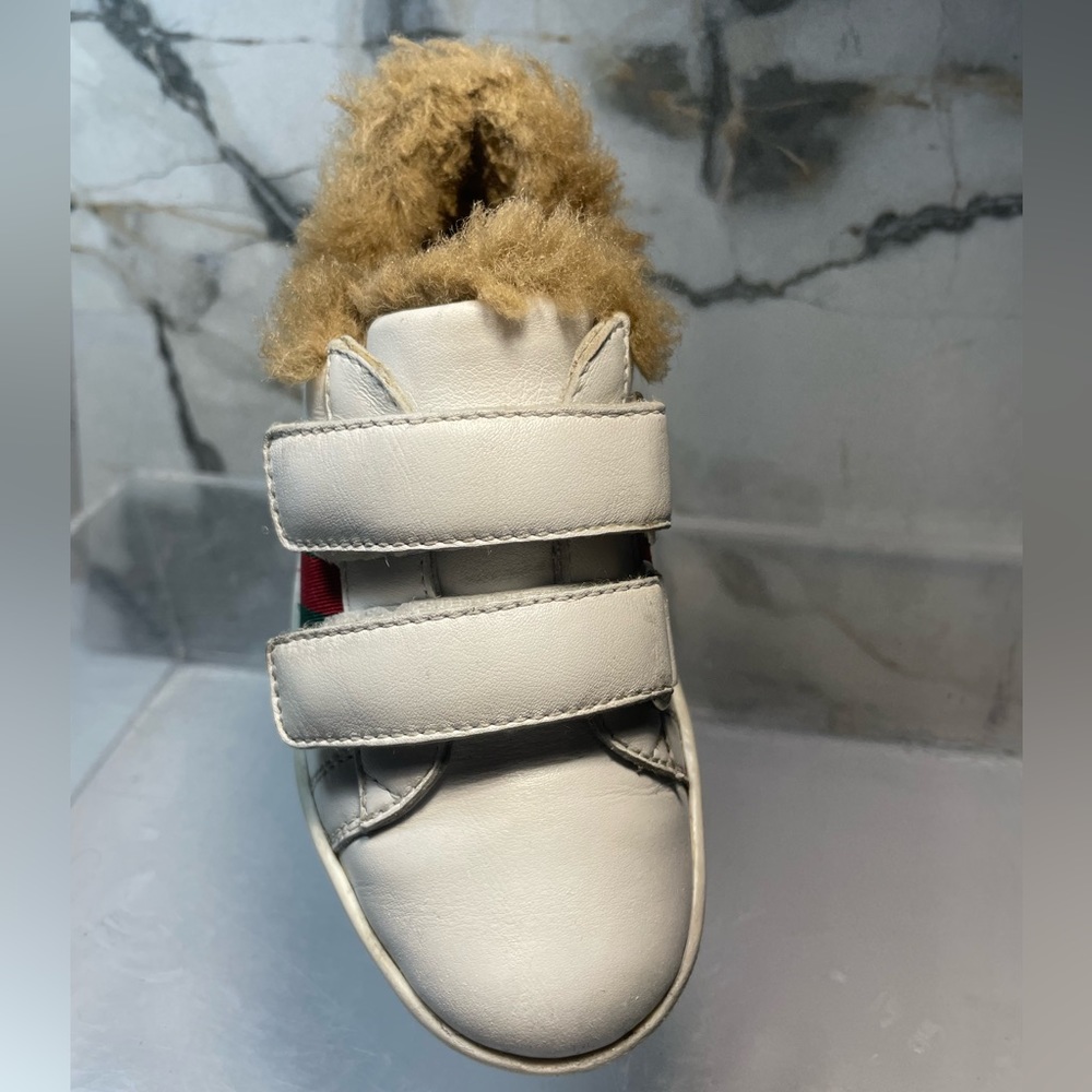 GUCCI Youth sz 14 INCHES 7 ace fur lined White leather snearker made in italy - Picture 7 of 16